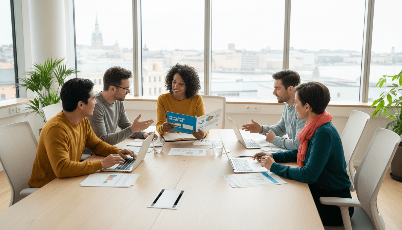Team members reviewing benefits options together