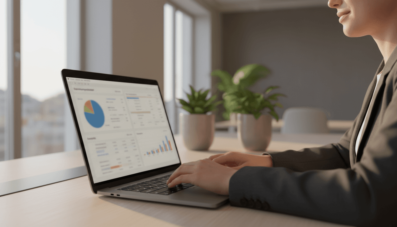 Payroll specialist reviewing employee compensation on laptop