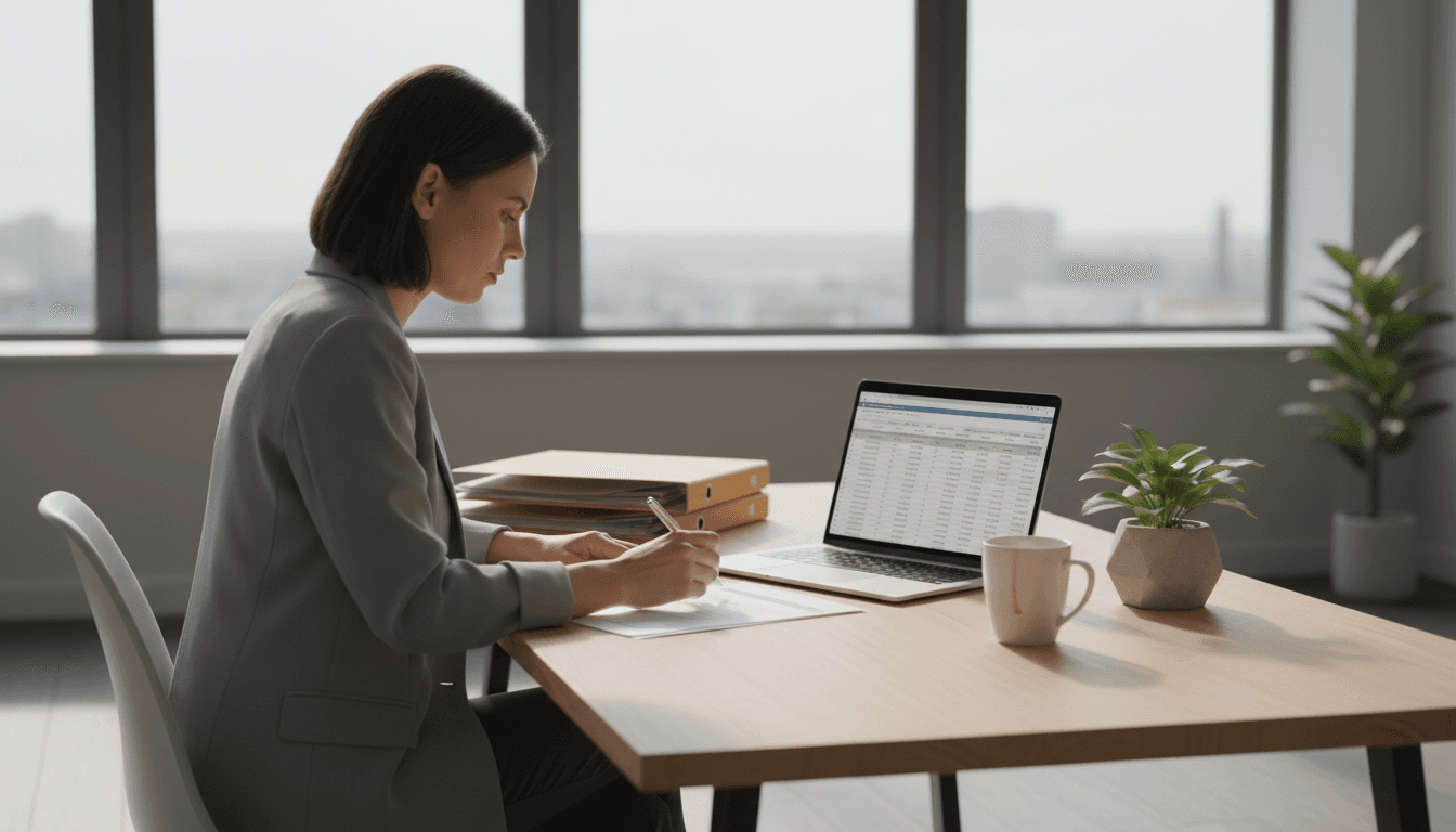 Professional woman reviewing payroll documents at desk