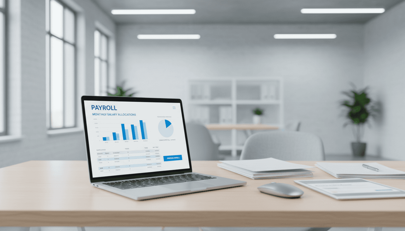 Professional payroll dashboard on laptop screen with organized financial data
